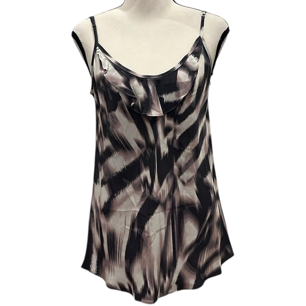 Graham & Spencer Silk Tank Medium Ruffle Trim Neckline Gray Cream Blush Print
